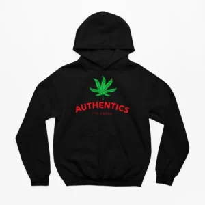 A black hoodie with the word authentics written in red and green.