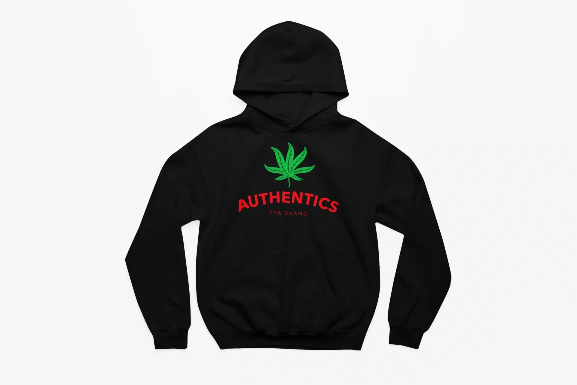 A black hoodie with the word authentics written in red and green.