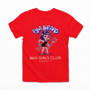 A red t-shirt with an image of a girl holding a wrench.