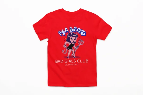 A red t-shirt with an image of a girl holding a wrench.