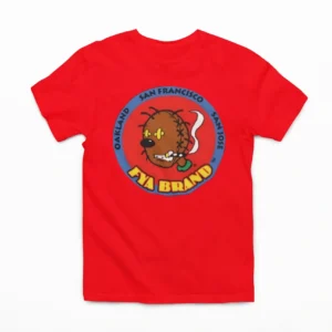 A red t-shirt with a cartoon of a bear smoking.