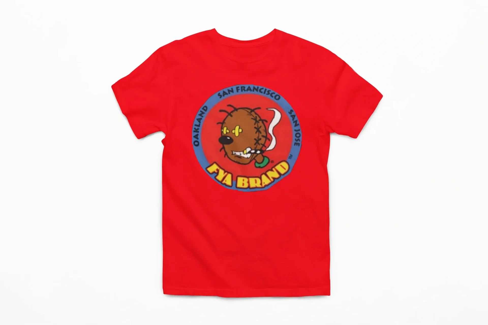 A red t-shirt with a cartoon of a bear smoking.