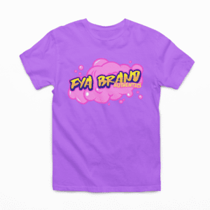 A purple t-shirt with graffiti on it.