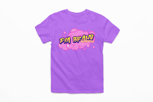 A purple t-shirt with graffiti on it.