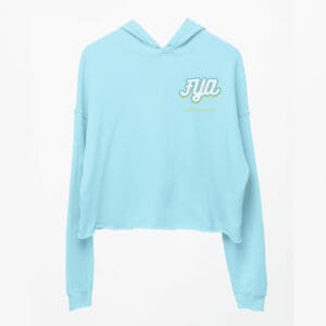 Light blue cropped FYA hoodie.