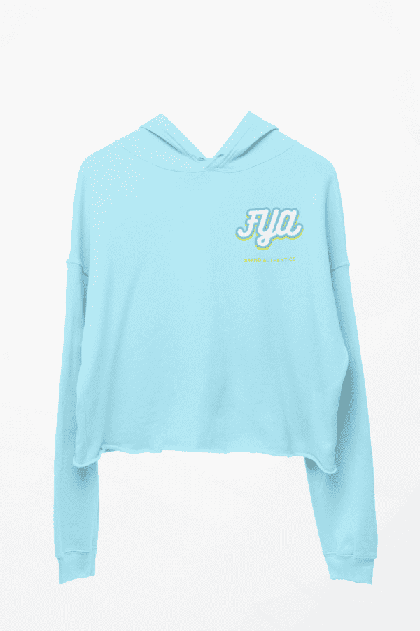 A light blue hoodie with the word " fym ".