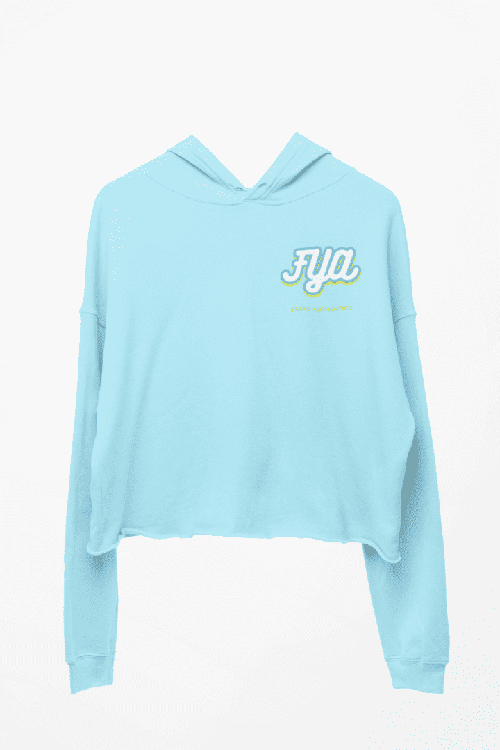 A light blue hoodie with the word " fym ".