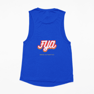 A blue sleeveless shirt with the word fyn on it.