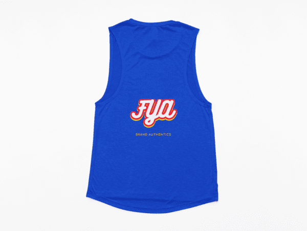 A blue sleeveless shirt with the word fyn on it.