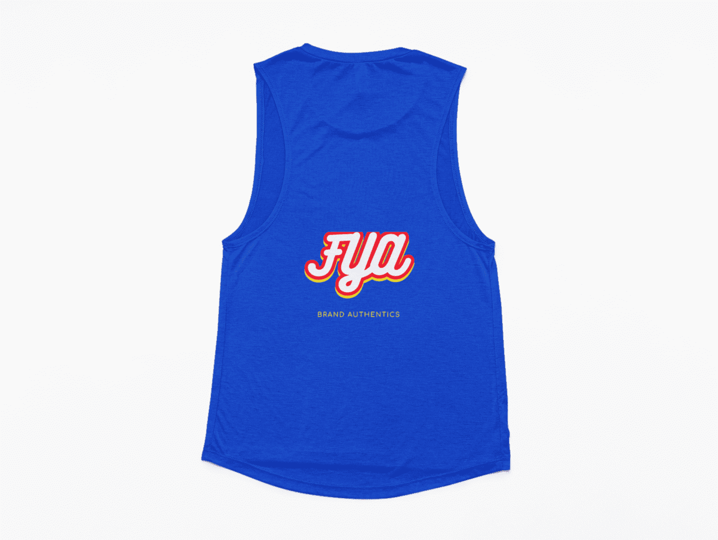 A blue sleeveless shirt with the word fyn on it.