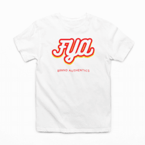 White t-shirt with bold 'FYA' logo and small red text.