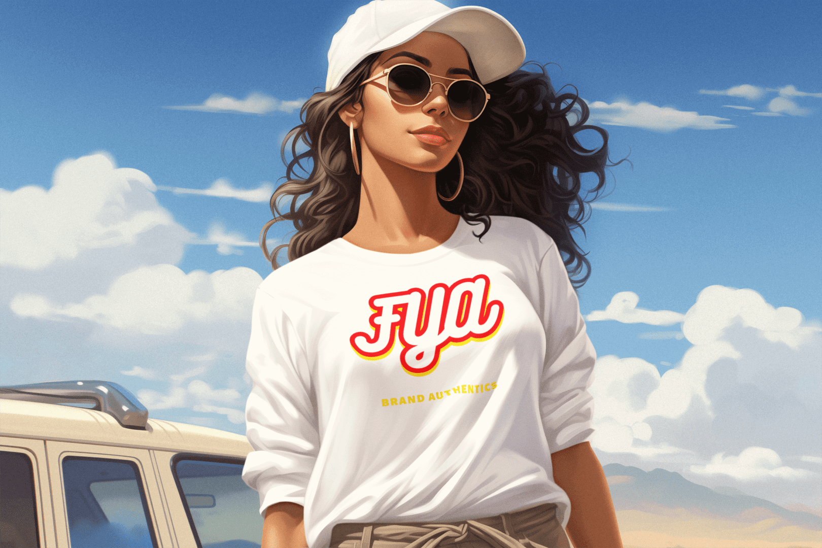 A woman wearing sunglasses and a hat standing in front of a car.