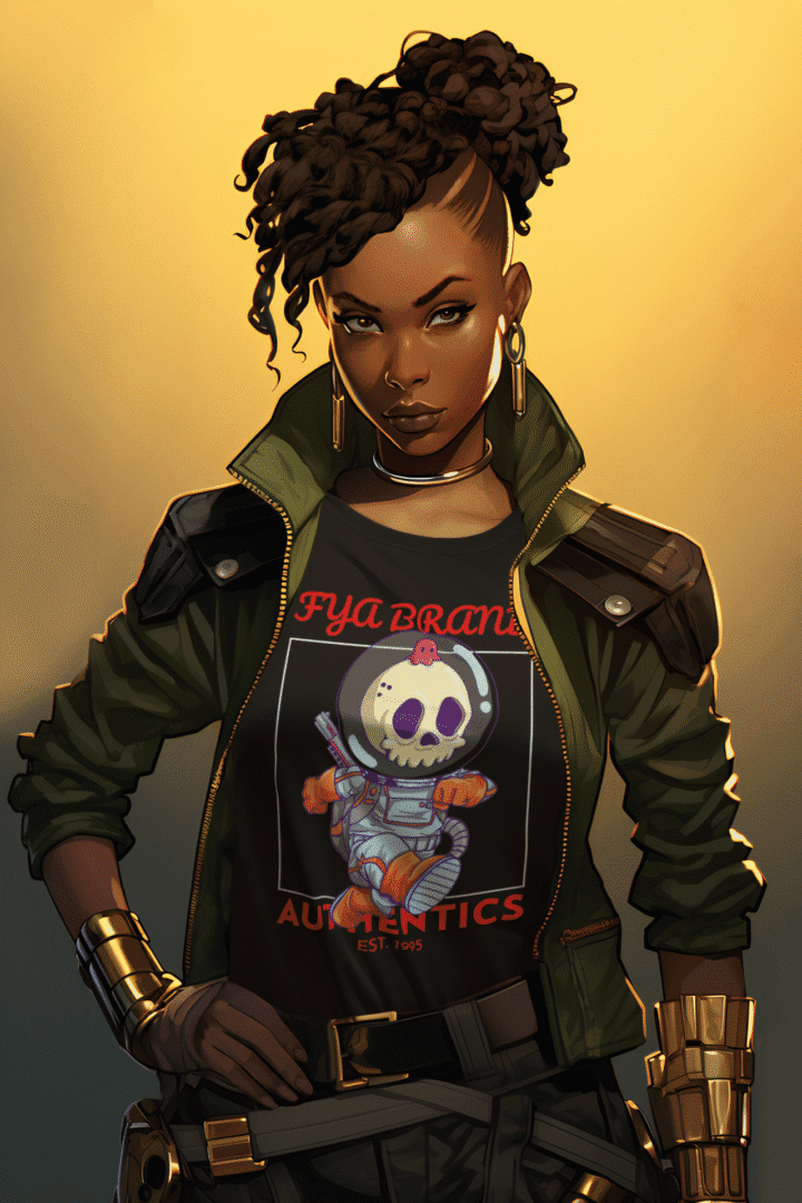 A confident woman in a jacket and graphic tee with a skull design.
