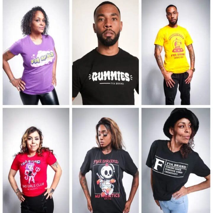 Six different people wearing various shirts and hats.