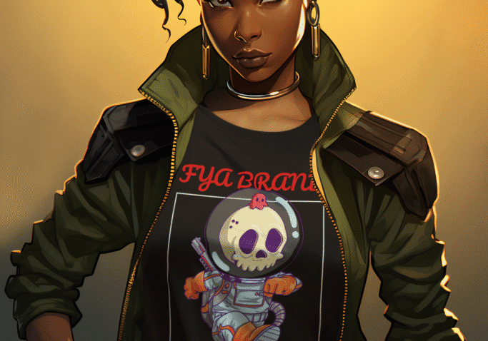 A confident woman in a jacket and graphic tee with a skull design.